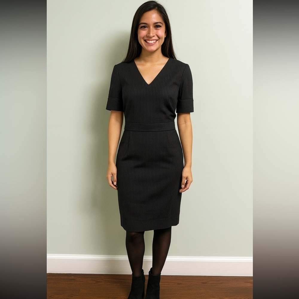 Escada Pinstripe Career Dress Double V Neck Midi Fitted Sheath Size 40/US 10